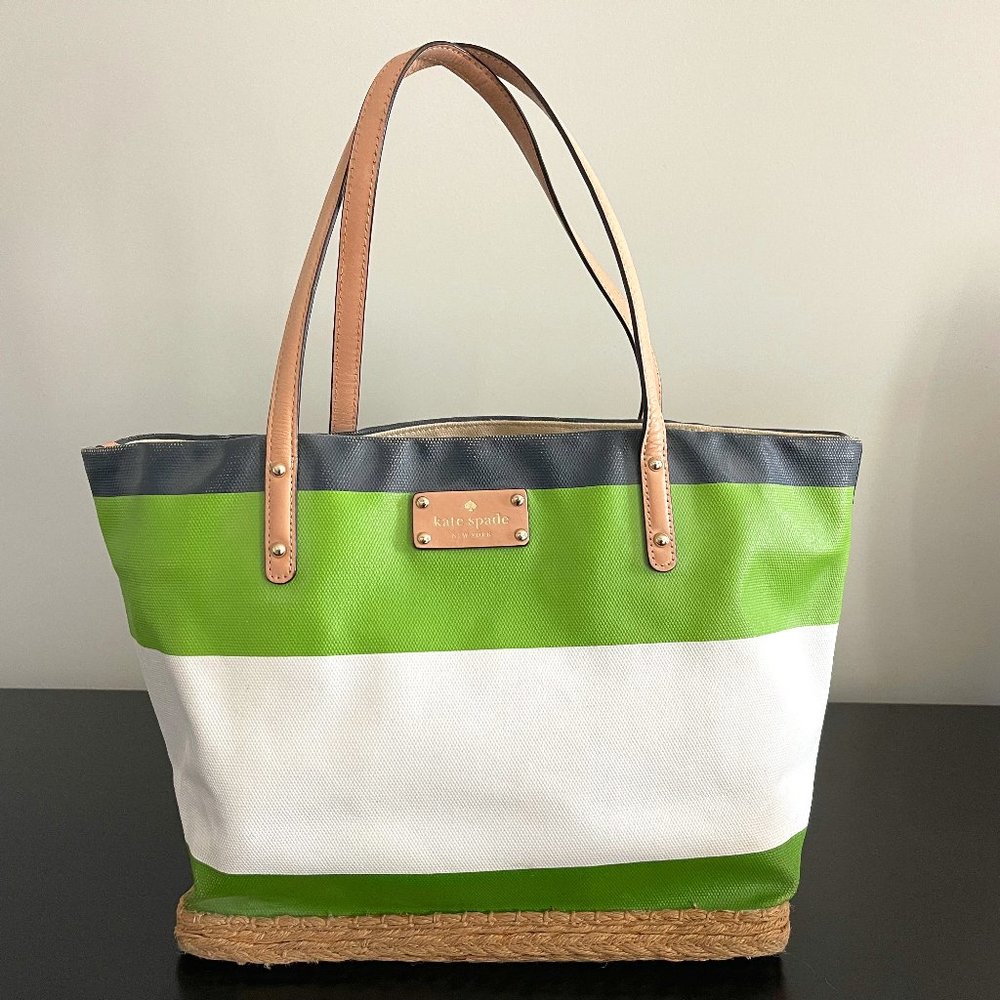 Kate Spade Tote with Straw Bottom, Navy, Green, White - HARD TO FIND